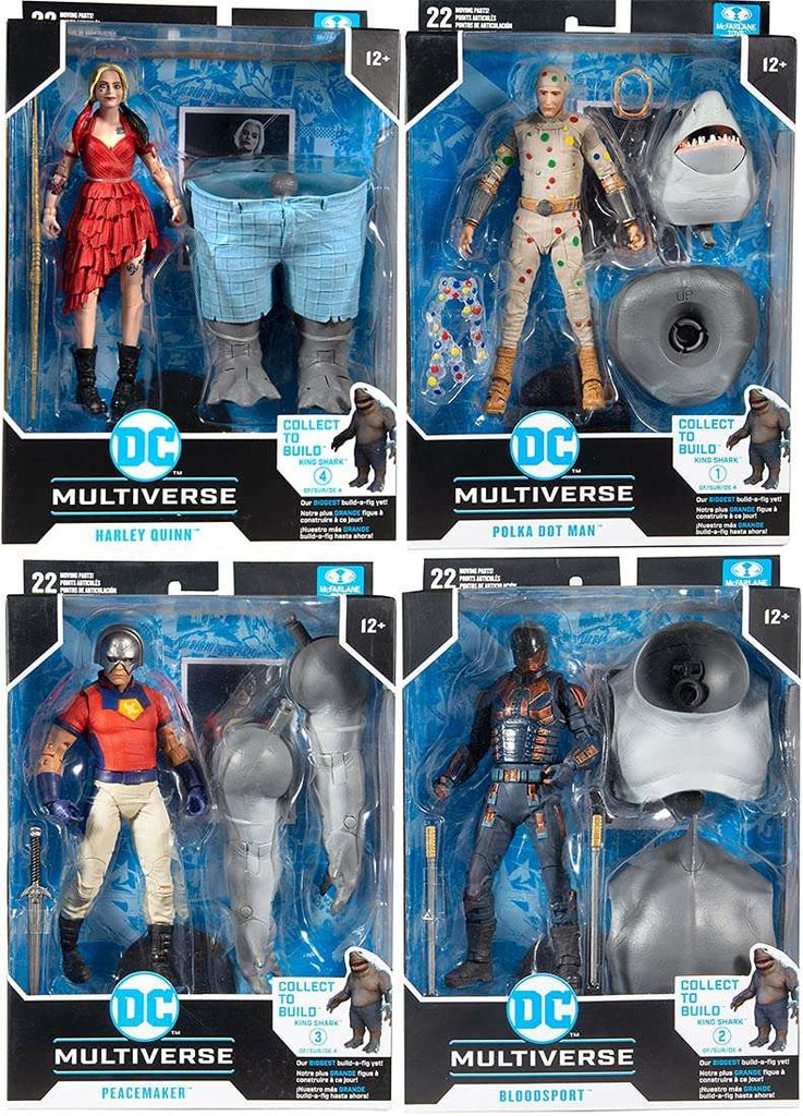 DC Multiverse Suicide Squad Movie Build-A King Shark - Set of 4 (Harley Quinn, Bloodsport, Peacemaker, Polka Dot Man) 7 Inch Action Figure - figurineforall.com