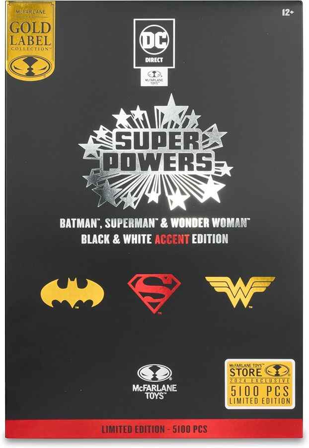 DC Super Powers SDCC 2024 Superman, Wonder Woman and Batman 3-Pack (B/W with Accent) Gold Label 5 Inch Action Figure