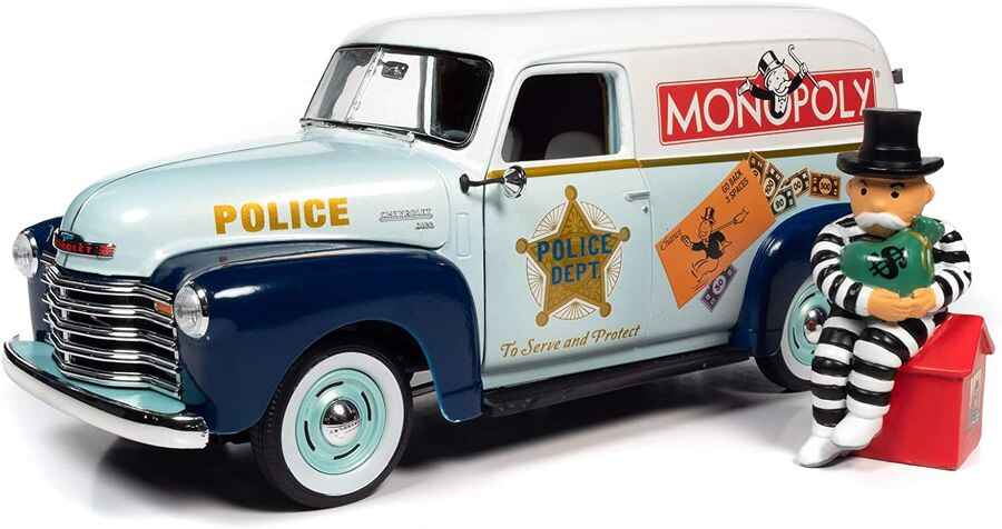 Auto World Silver Screen Machines Monopoly 1948 Chevrolet Panel Delivery 1/18 Scale Diecast Vehicle Car With Resin Figure