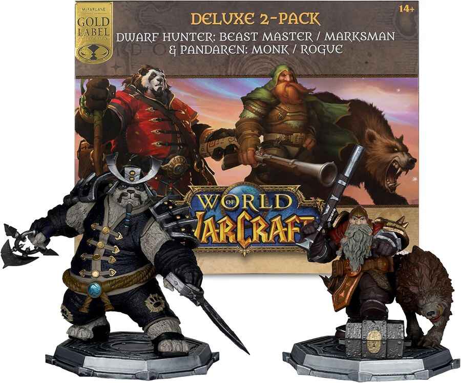 World of Warcraft Dwarf Hunter: Beastmaster & Marksman and Pandaren: Monk & Rogue 1:12 Scale Posed Figure Deluxe 2-Pack Gold Label