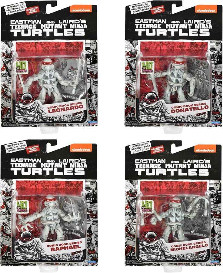 Teenage Mutant Ninja Turtles Classic Basic Retro 4 Inch Action Figure - Black & White Set of 4 with Comic Book